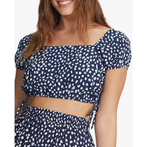 Roxy Dear Amor Dot Print Crop Top Blue White Size S Puff Sleeve Squareneck - Picture 1 of 10